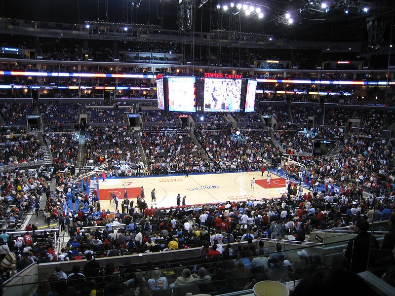 Photo of the court at the Staples Center during a Los Angeles Clippers game.