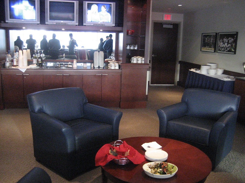 Interior photo of a luxury suite at Gillette Stadium. Home of the New England Patriots.