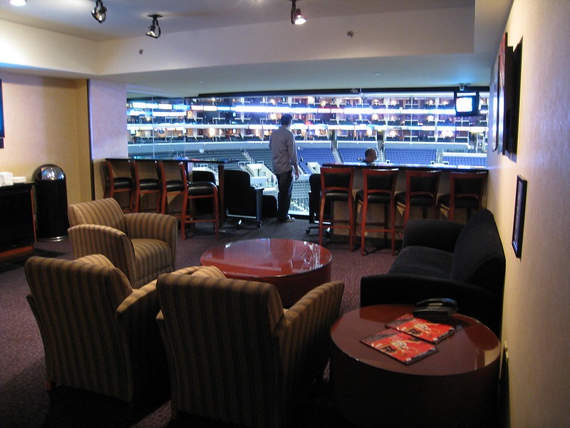 Interior photo of a suite at the Staples Center during a Los Angeles Clippers game.