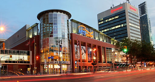 Exterior photo of Bell MTS Place, home of the Winnipeg Jets.