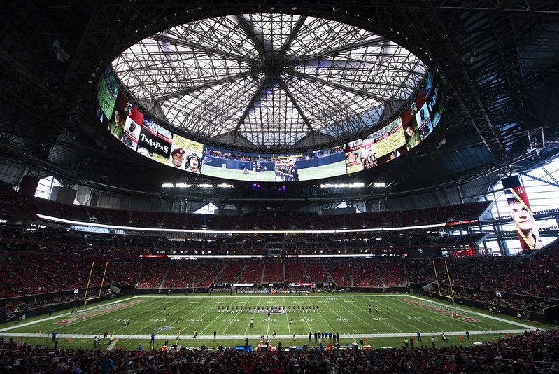 Photo of Mercedes-Benz Stadium during an Atlanta Falcons game.