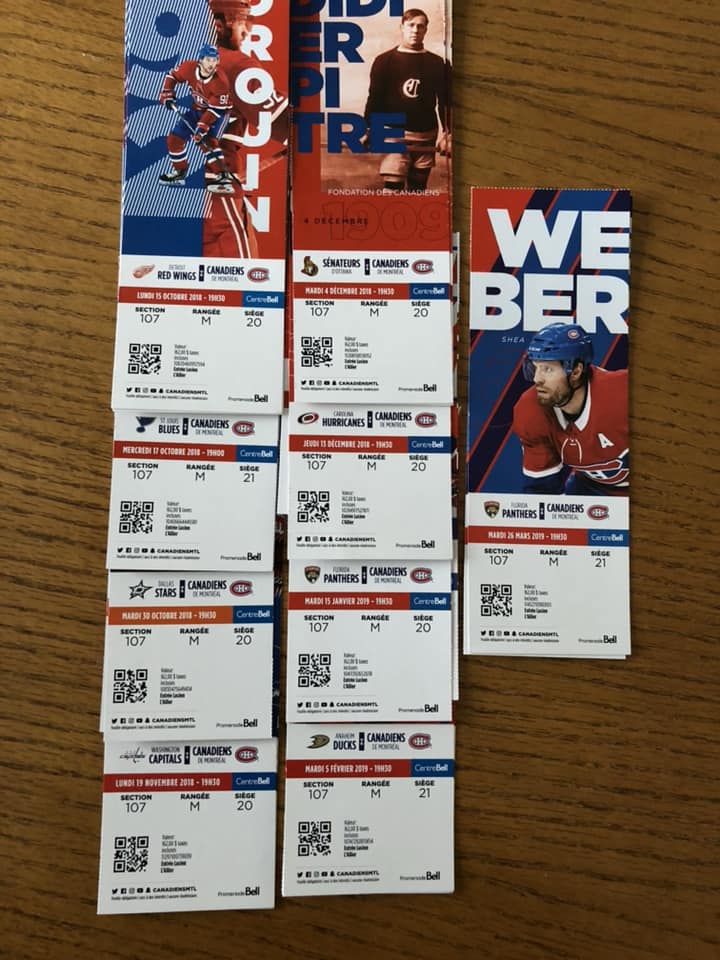 Photo of an assortment of Montreal Canadiens season tickets.