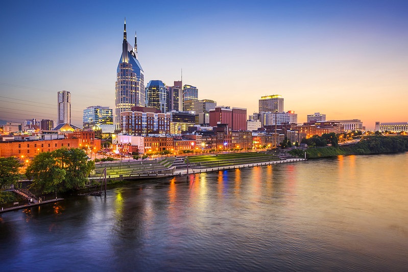 Photo of downtown Nashville, Tennessee at dusk.