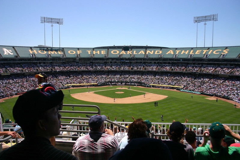 Photo taken from the outfield of Oakland Coliseum during an Oakland Athletics game.