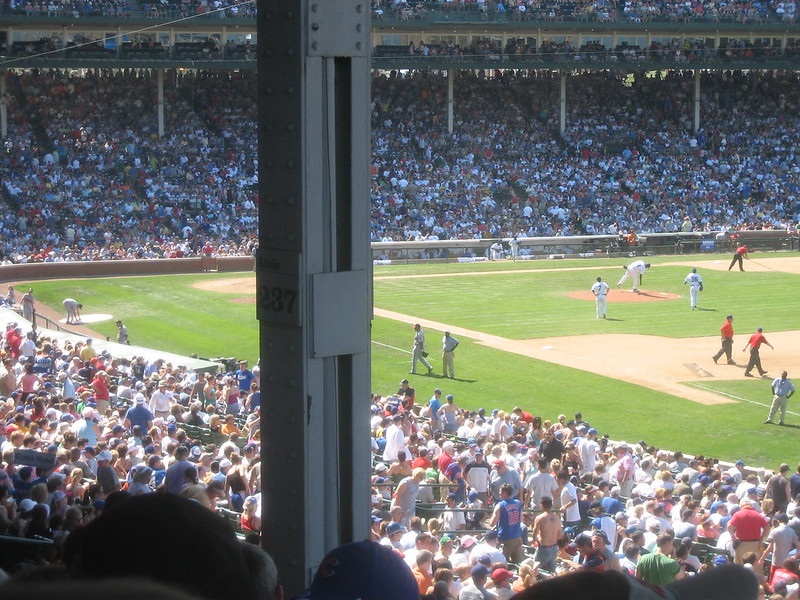 Photo taken from an obstructed view seat at Wrigley Field during a Chicago Cubs game.