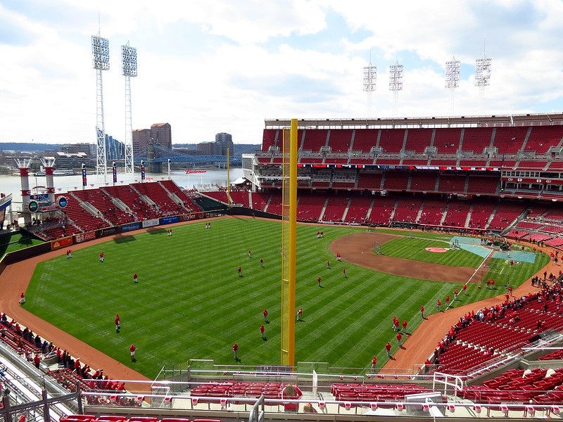 Photo of the seats at a nearly empty Great American Ball Park in Cincinnati, Ohio. Home of the Cincinnati Reds.