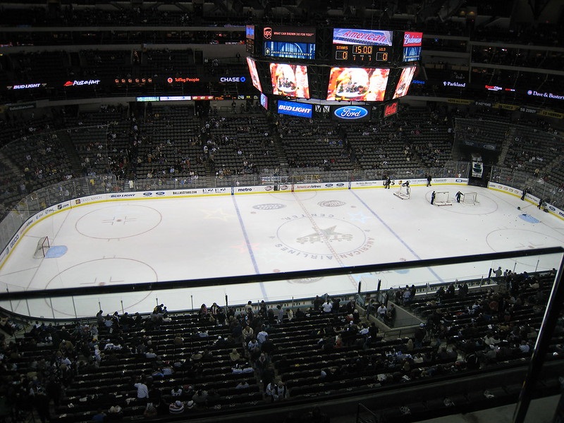 Panorama of American Airlines Center during a Dallas Stars game.