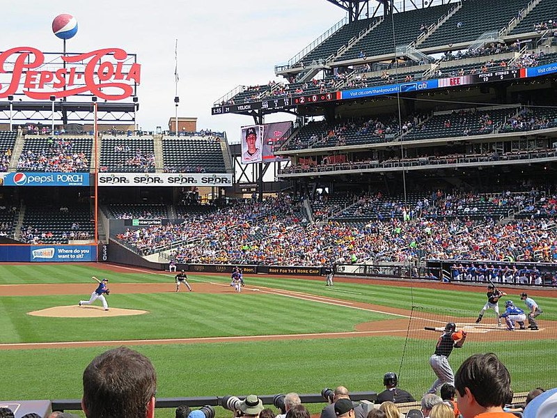 Photo of the protective netting system at Citi Field during a New York Mets game.