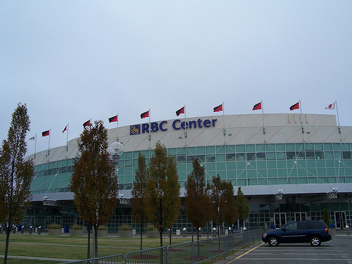 Exterior photo of the RBC Center in Raleigh, North Carolina. Home of the Carolina Hurricanes.