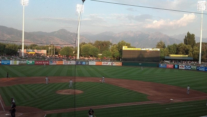 Photo of the playing field at Smith's Ballpark in Salt Lake City, Utah. Home of the Salt Lake Bees.
