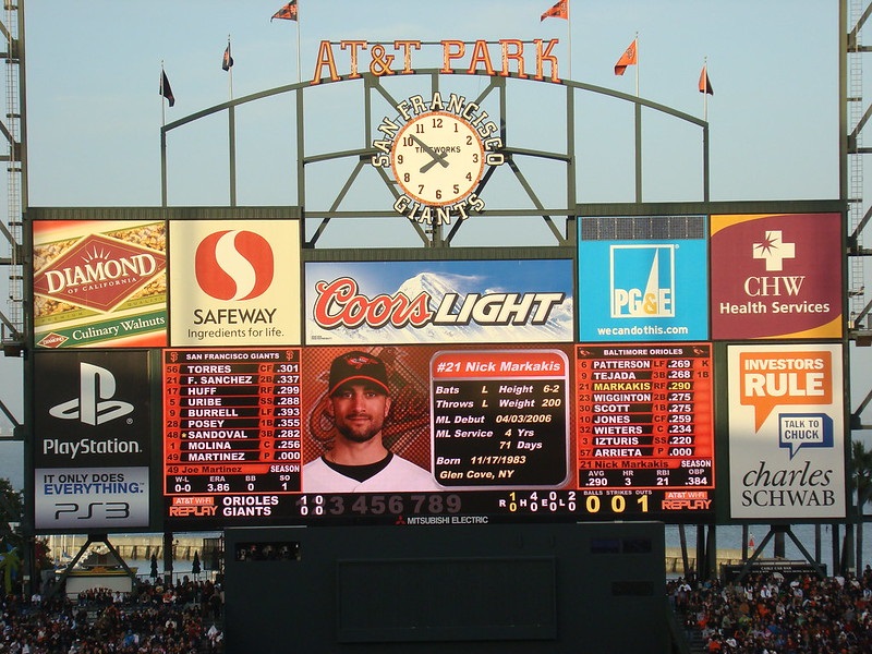 Photo of the scoreboard at Oracle Park. Home of the San Francisco Giants.