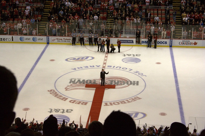 Photo of Steve Yzerman at center ice at Joe Louis Arena before a Detroit Red Wings game.