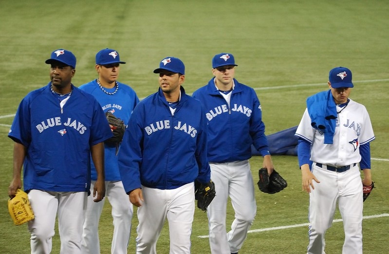 Photo of Toronto Blue Jays pitchers leaving the bullpen at the Rogers Centre.