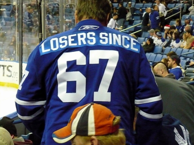 Photo of a Toronto Maple Leafs fan in the stands at the Air Canada Centre.