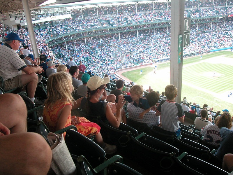 Photo taken from a seat with an obstruction on the upper level of Wrigley Field. Home of the Chicago Cubs.