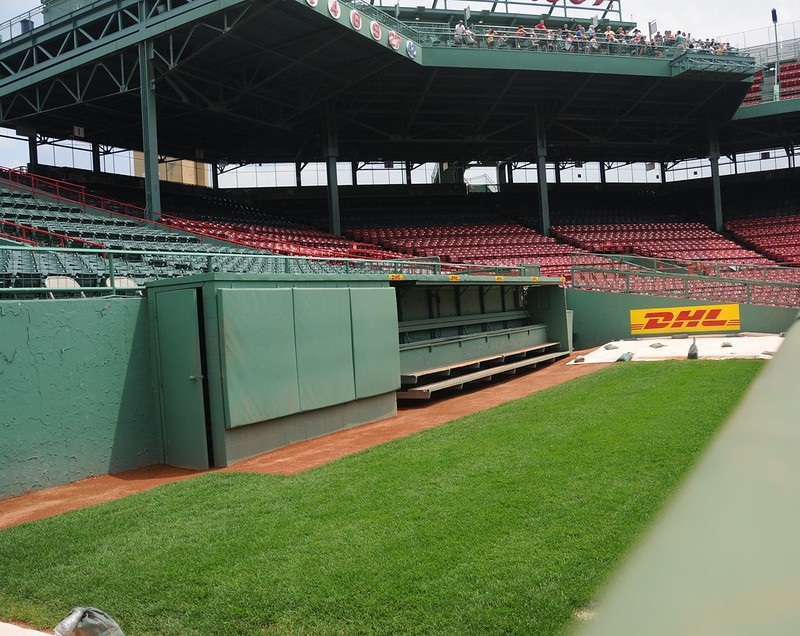 Photo of the visiting team's bullpen at Fenway Park. Home of the Boston Red Sox.