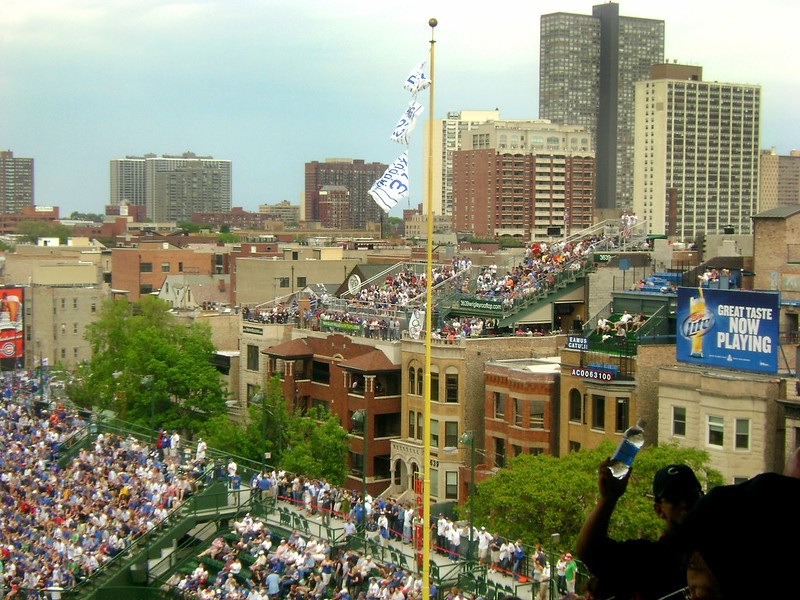 Photo of the Wrigleyville rooftops on Waveland Avenue outside of Wrigley Field.