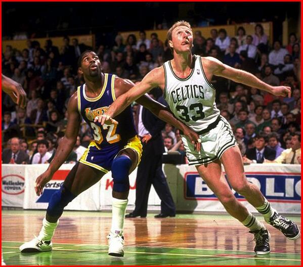 Photo of Larry Byrd of the Boston Celtics vs. Magic Johnson of the Los Angeles Lakers.