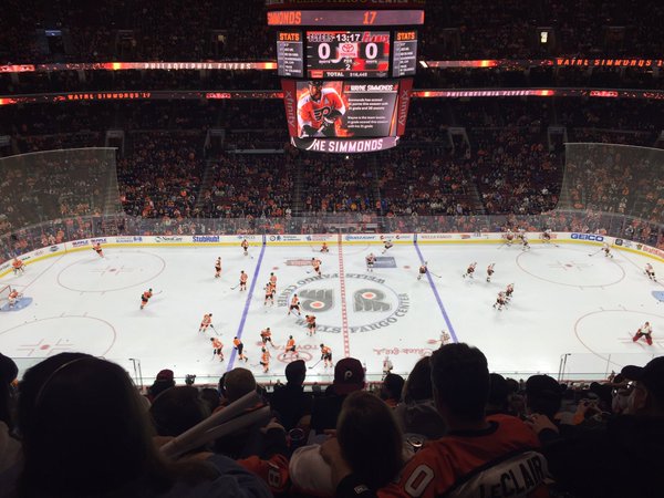 View of the ice from the Mezzanine Level at the Wells Fargo Center during a Philadelphia Flyers Game