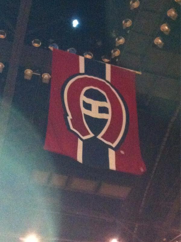 Photo of the Montreal Canadiens flag that hung from the Montreal Forum ceiling.