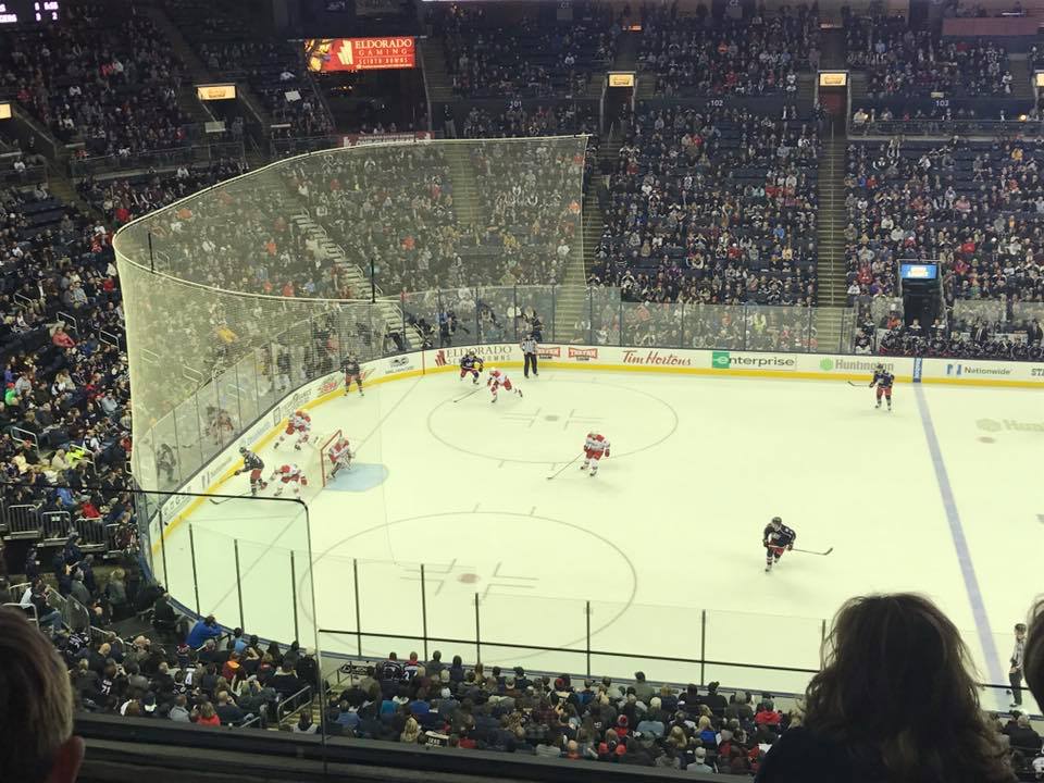 View from the loge box seats at Nationwide Arena during a Columbus Blue Jackets game.