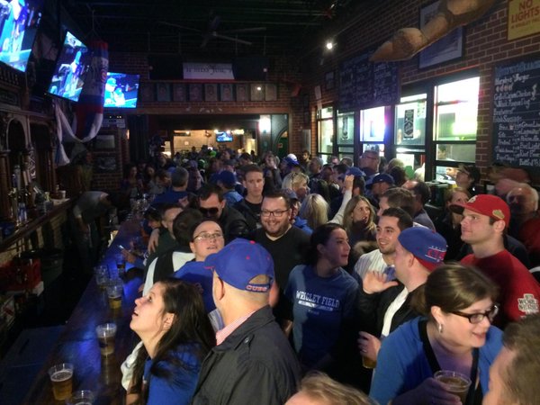 Photo of Chicago Cubs fans at Murphy's Bleachers in Chicago, Illinois.