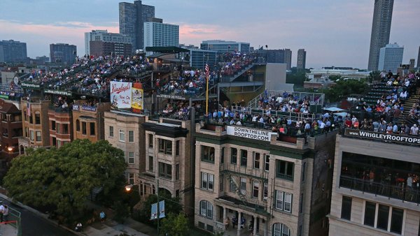 Photo of the Wrigleyville rooftops adjacent to Wrigley Field.