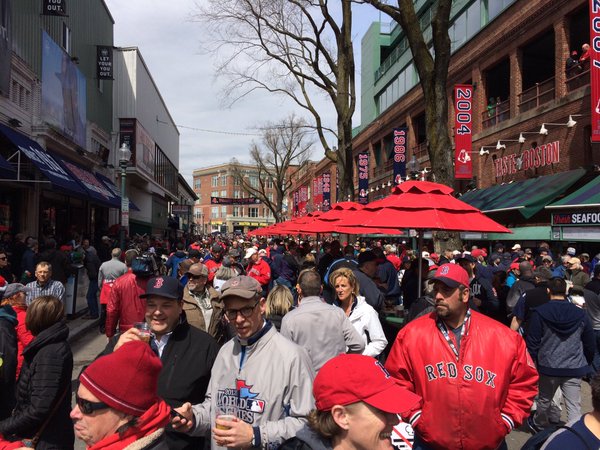 Photo of Boston Red Sox fans on Yawkey Way outside of Fenway Park.