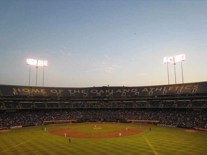 View from the bleachers at Oakland Coliseum during an Oakland Athletics home game.