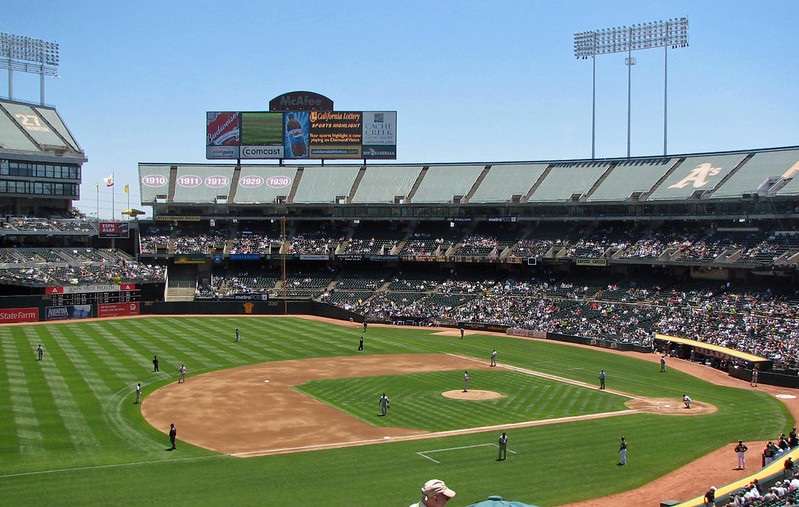 Photo taken from the plaza level seats at Oakland Coliseum during an Oakland Athletics game.