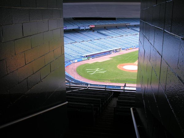 Photo of the home plate at Yankee Stadium from the concourse. 