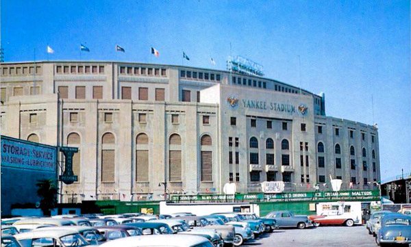 An exterior view of old Yankee Stadium from the parking lot. 