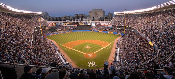 A panoramic view of old Yankee Stadium from the upper level.  