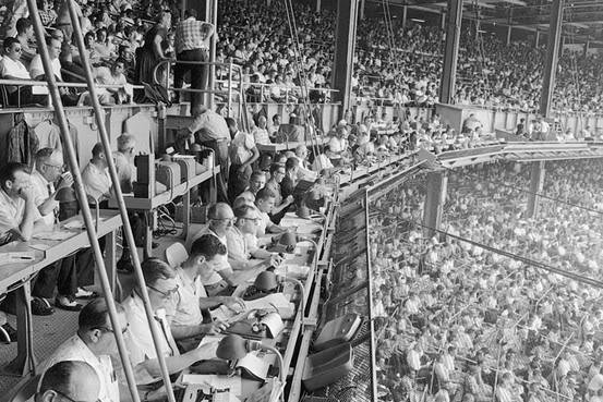 Photo of the old Yankee Stadium press box area circa the 1940's. 