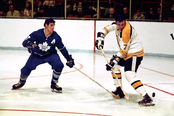 Old school photo of the Toronto Maple Leafs vs. the Boston Bruins.