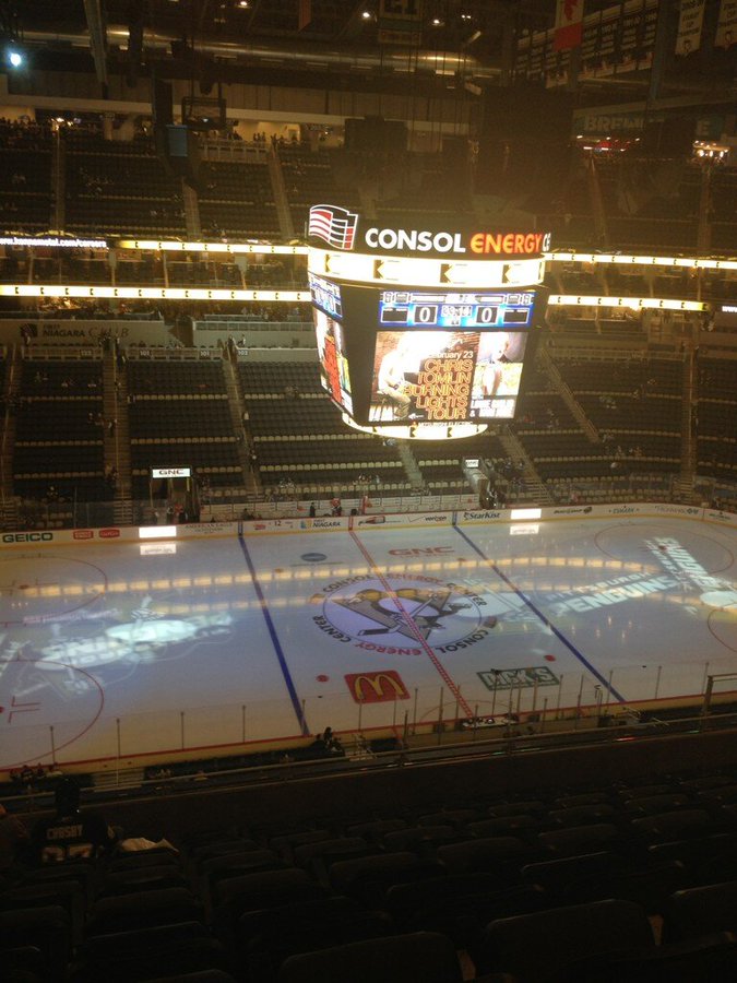 Photo taken from the upper level seats at PPG Paints Arena during a Pittsburgh Penguins game.