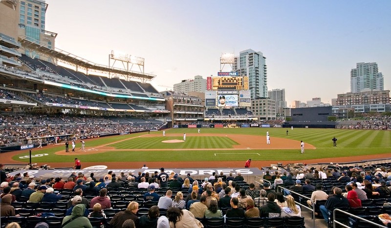 Photo taken from the field level seats at Petco Park during a San Diego Padres home game.