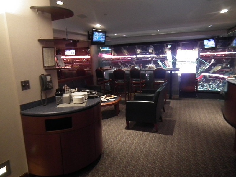 Interior photo of a luxury suite at Rocket Mortgage FieldHouse during a Cleveland Cavaliers home game.