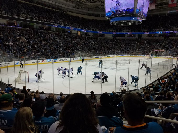 View from the lower level seats at the SAP Center at San Jose during a San Jose Sharks game.