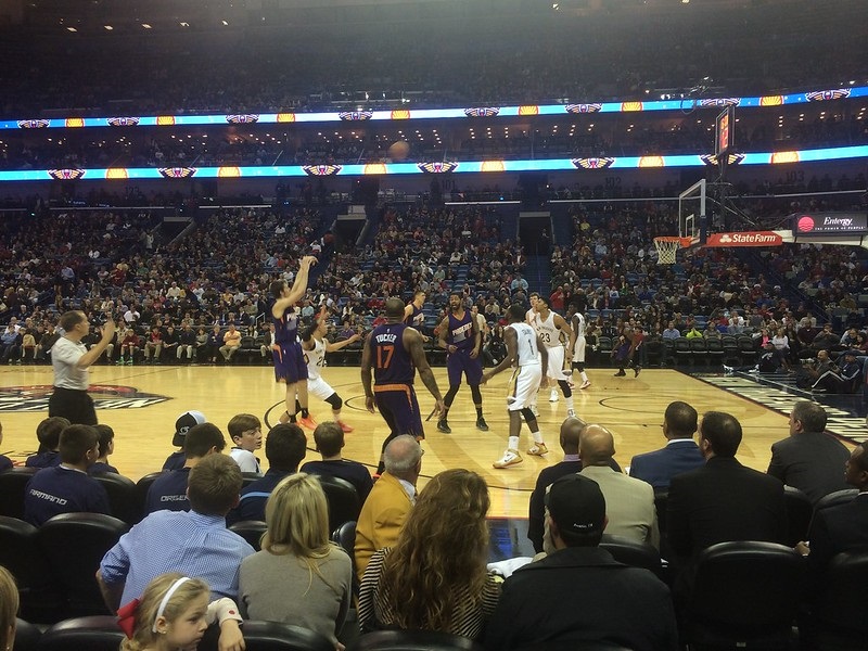 Photo taken from the floor seats at the Smoothie King Center during a New Orleans Pelicans home game.