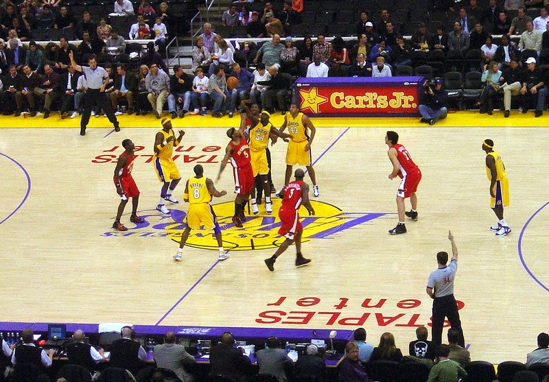 Photo taken from the lower level seats at the Staples Center during a Los Angeles Lakers home game.