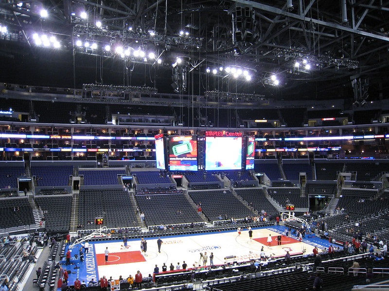 Photo taken from the premier seats at the Staples Center during a Los Angeles Clippers home game.