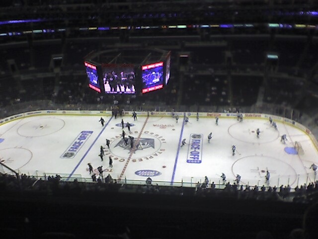 Photo taken from the upper level of the Staples Center during a Los Angeles Kings game.
