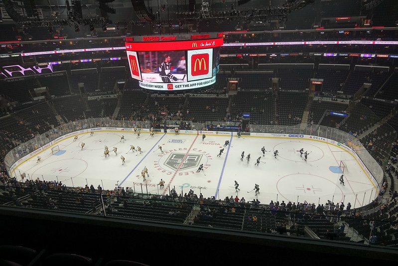 Photo taken from the upper level of the Staples Center during a Los Angeles Kings home game.