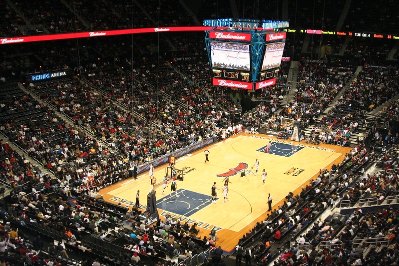 Photo taken from the upper level of State Farm Arena during an Atlanta Hawks home game.