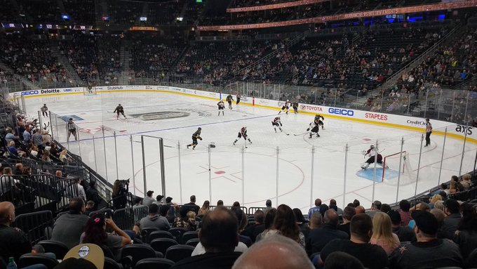 View from the lower level seats at T-Mobile Arena during a Vegas Golden Knights game.