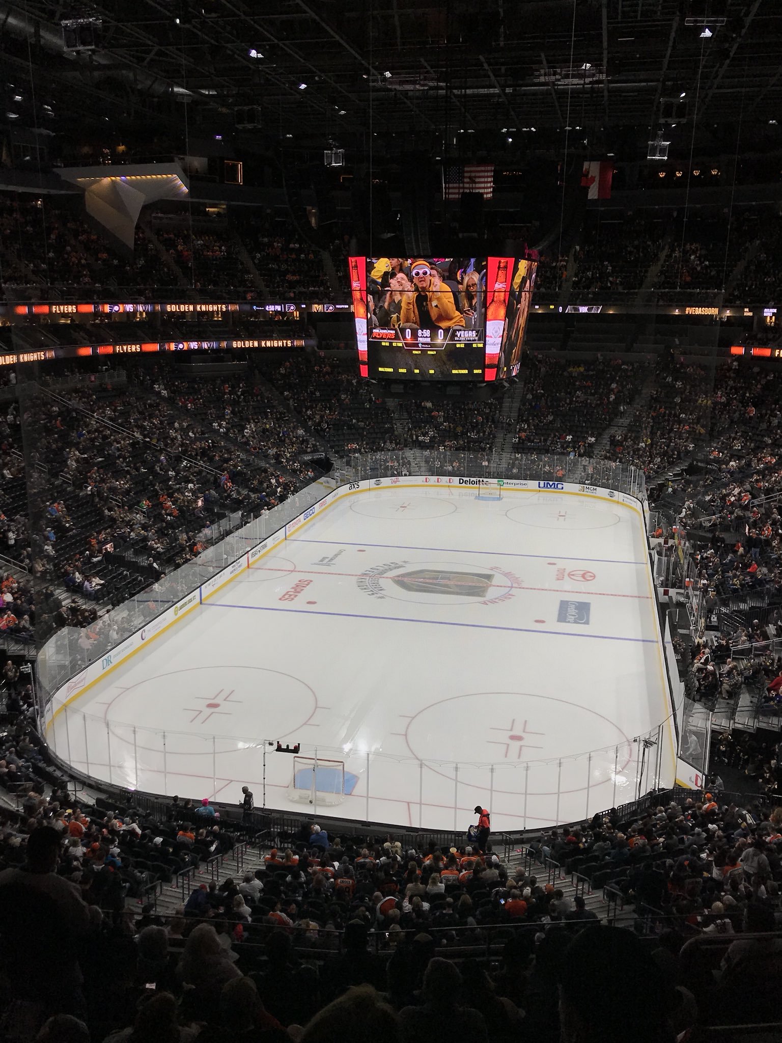 View from the mezzanine seats at T-Mobile Arena during a Vegas Golden Knights game.