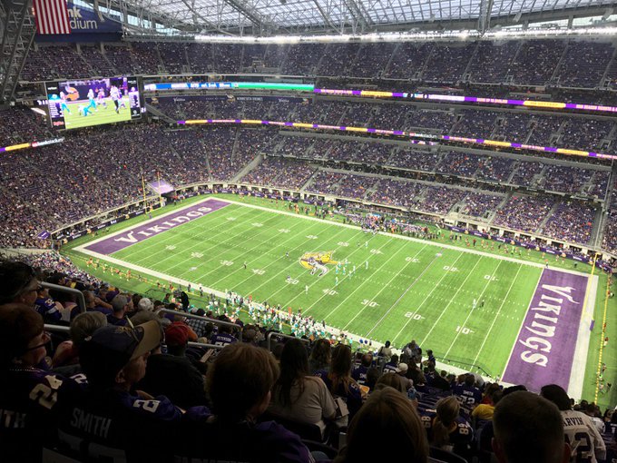 View from the upper level seats at U.S. Bank Stadium during a Minnesota Vikings game.