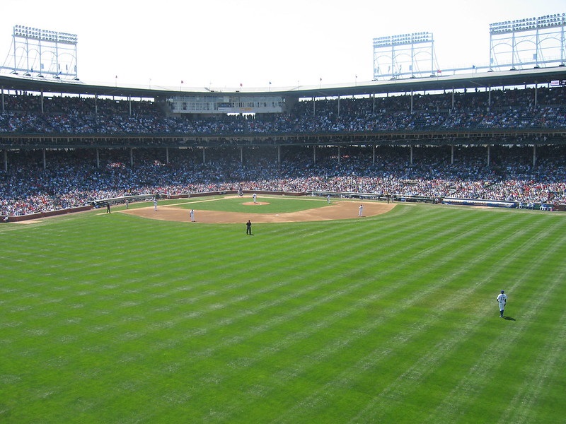 Photo taken from the Budweiser Bleachers at Wrigley Field during a Chicago Cubs home game.