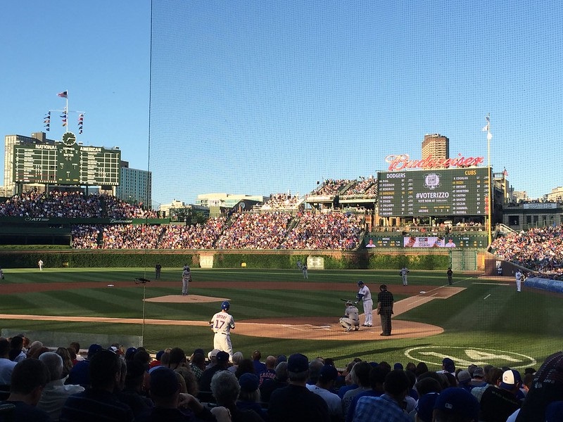 Photo taken from the club seats at Wrigley Field during a Chicago Cubs game.